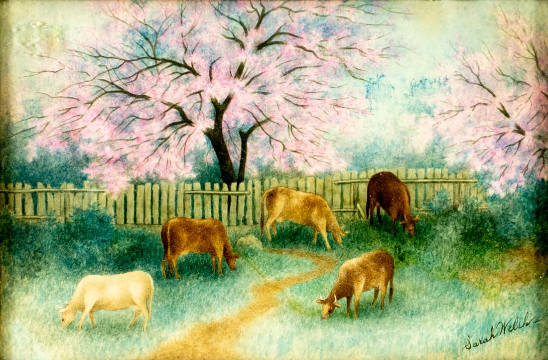 Sarah Welsh (US,early 20C) watercolor painting antique: ARTIST: Sarah Welsh (American, early 20 century) TITLE: Countryside Landscape with Cows MEDIUM: watercolor on paper CONDITION: Some age toning. Framed under glass. Wear to f