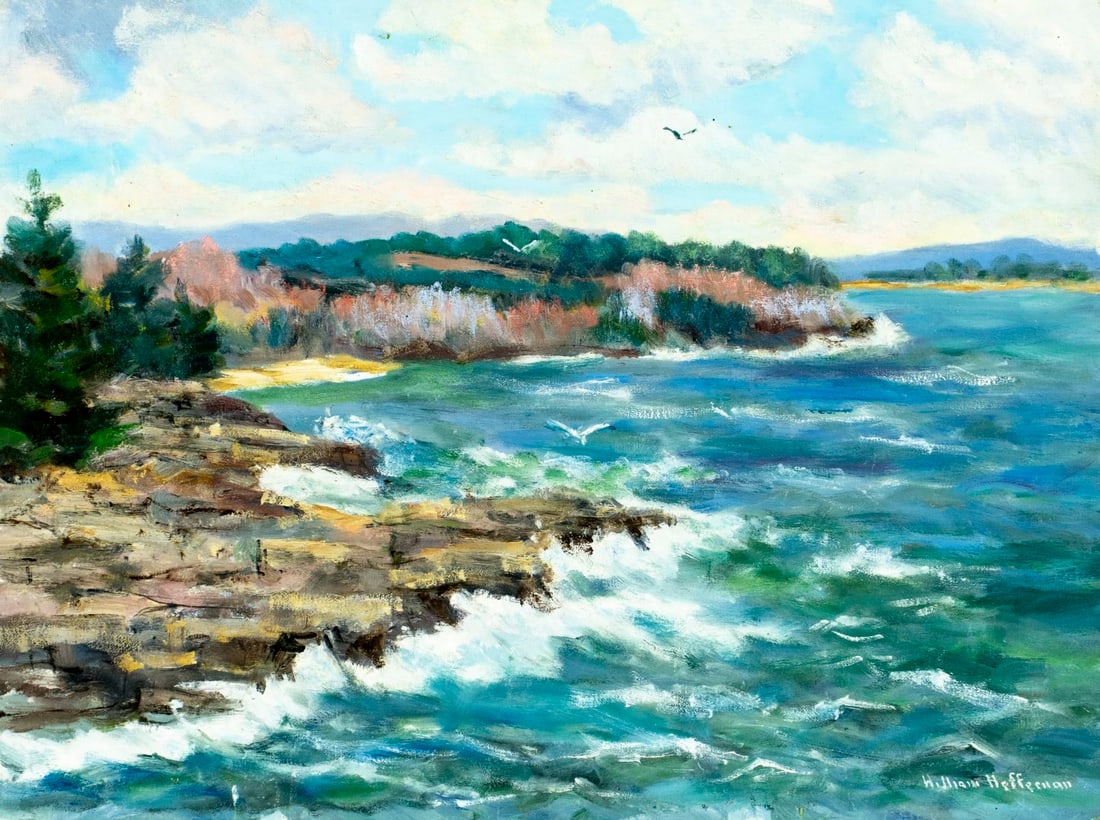 William F Hefferman (MA,1915-2006) oil painting: ARTIST: William F Hefferman (Massachusetts, 1915 - 2006) TITLE: Coastal Landscape MEDIUM: oil on canvas. Canvas applied to board. CONDITION: Few small faint scratches by t