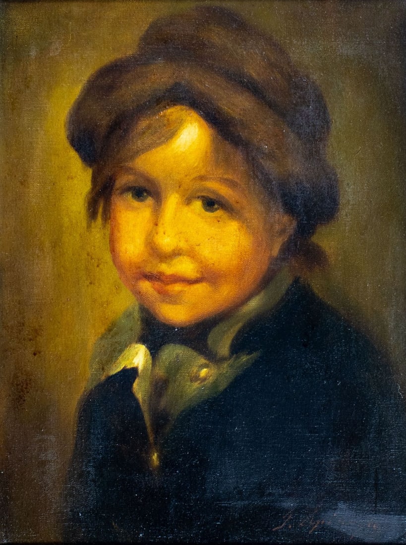 Vintage 20C German oil painting signed: ARTIST: - (Germany, 20 century) TITLE: Portrait of Boy MEDIUM: oil on canvas CONDITION: One minor scratch by the upper edge. Very minor craquelure. No visible inpaint unde