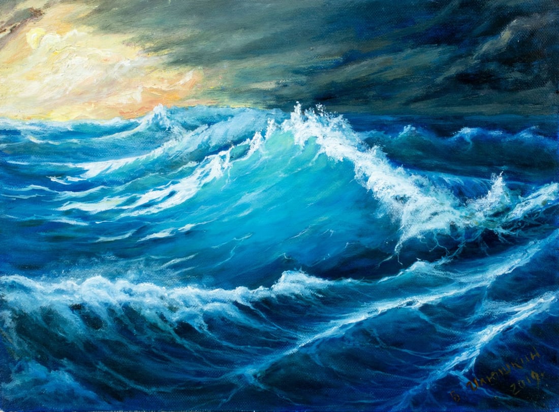 Viktor Ilyushkin (Russia,b 1946) oil painting: ARTIST: Viktor Nikolayevich Ilyushkin (Russian, born 1946) TITLE: Seascape - Turquoise Wave (titled on verso) YEAR: 2019 MEDIUM: oil on canvas CONDITION: