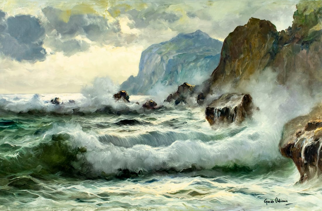 Guido Odierna (Italy,1913-1991) oil painting: ARTIST: Guido Odierna (Italian, 1913 - 1991) TITLE: Sunset Seascape MEDIUM: oil on canvas CONDITION: Unstretched (In-House stretching available). Very good. No visible inp