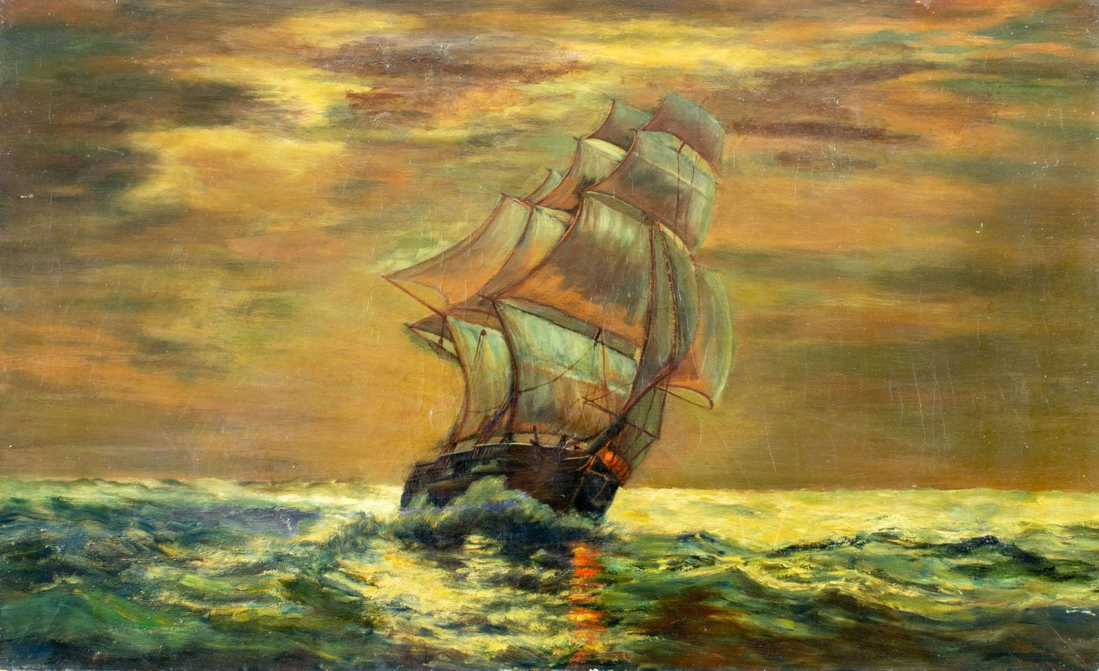 Antique 19C American oil painting: ARTIST: - (American, 19 century) TITLE: Sunset Seascape with Sailing Ship MEDIUM: oil on canvas CONDITION: Few repaired tears. Few small paint losses. Some scattered inpai