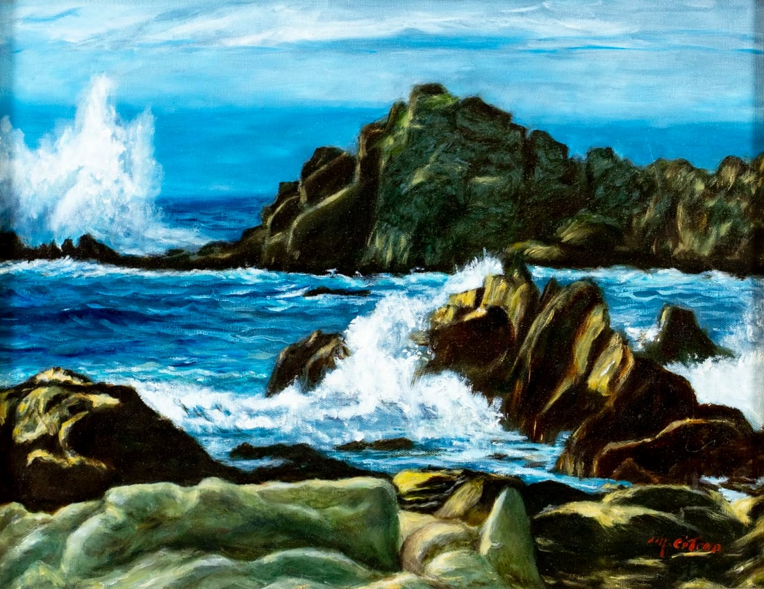 M Citron (US,20/21C) oil painting: ARTIST: M Citron (American, 20/21 centuries) TITLE: Rocky Coast MEDIUM: oil on canvas CONDITION: Very good. No visible inpaint under UV light. Wear to frame. ART