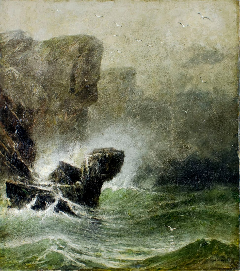 William Weisman (MA,PA,NH,1840-1922) oil painting antique: ARTIST: William H Weisman (Massachusetts, Pennsylvania, New Hampshire, 1840 - 1922) TITLE: Strormy Seascape MEDIUM: oil on canvas CONDITION: Relined. Some small damages to