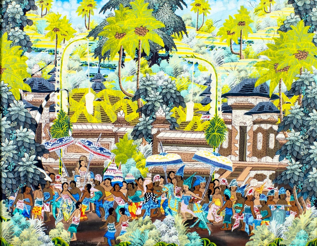 Nydarta Kloo (Indonesia,20C) oil painting: ARTIST: Nydarta Penessanan Kloo (Indonesian, 20 century) TITLE: Balinese Street Scene MEDIUM: oil on board CONDITION: Few small paint losses. Very minor craquelure. No visib