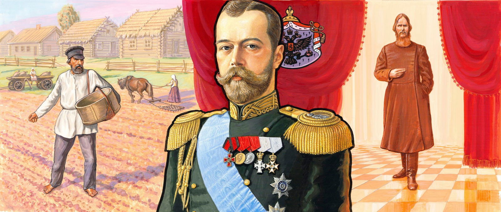 Gherman Komlev (Russia,1933-2000) gouache painting: ARTIST: Gherman Alexeyevich Komlev (Russian, 1933 - 2000) TITLE: Tsar Nicholas II - Rasputin and Peasant Sower, Russia (titled on verso) YEAR: 1998 MEDIUM: gouache on boar