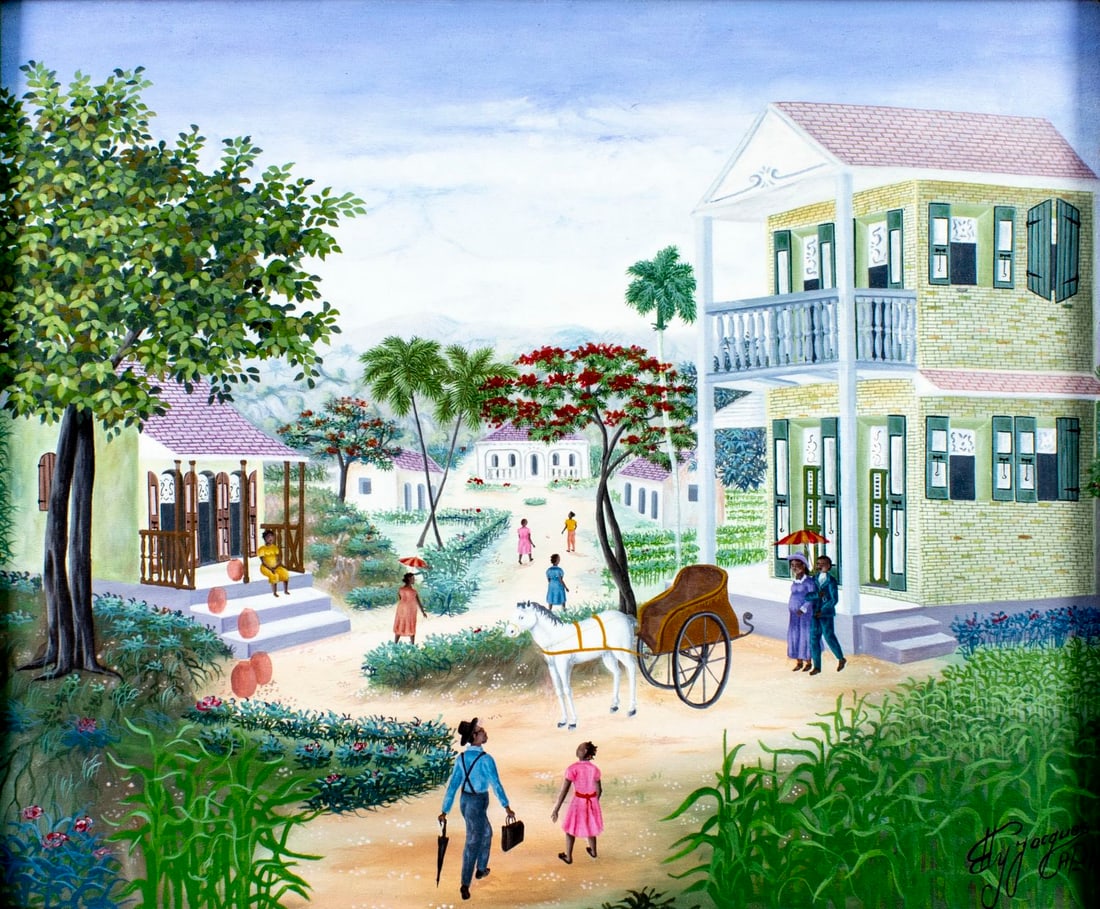 Eddy Jacques (Haiti,b 1957) oil painting: ARTIST: Eddy Jacques (Haitian, born 1957) TITLE: Haitian Town Scene MEDIUM: oil on canvas CONDITION: Very good. No visible inpaint under UV light. Wear to frame.