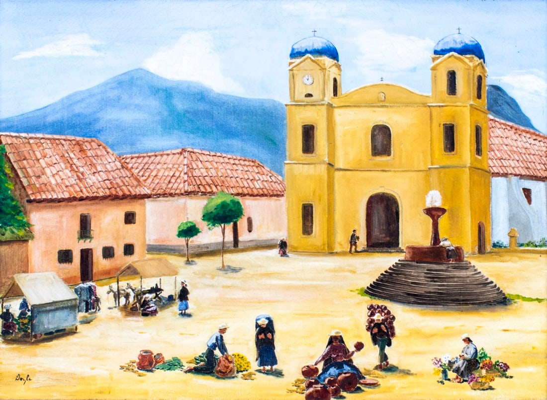 Doyle (US,20C) oil painting: ARTIST: Doyle (American, 20 century) NAME: South American Cityscape MEDIUM: oil on canvas CONDITION: Some craquelure. No visible inpaint under UV light. SIGHT SIZE: 19 1/2 x 27 1/2 inches