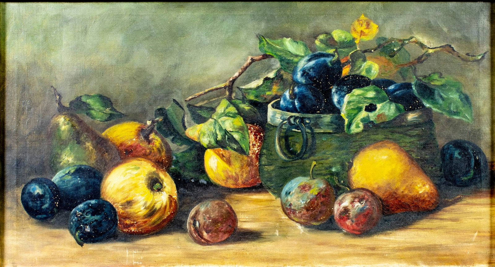 Antique early 20C American oil painting: ARTIST: - (American, early 20 century) TITLE: Still Life with Fruit MEDIUM: oil on canvas CONDITION: Some flaking/paint losses (see pictures carefully). Some craquelure. N
