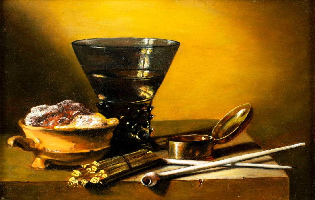 Robert Cappelletti (MD,20/21C) oil painting: ARTIST: Robert Cappelletti (Maryland, 20/21 centuries) TITLE: Still Life with Wine and Smoking Implements (titled on verso) MEDIUM: oil on board CONDITION: Very good. No vis