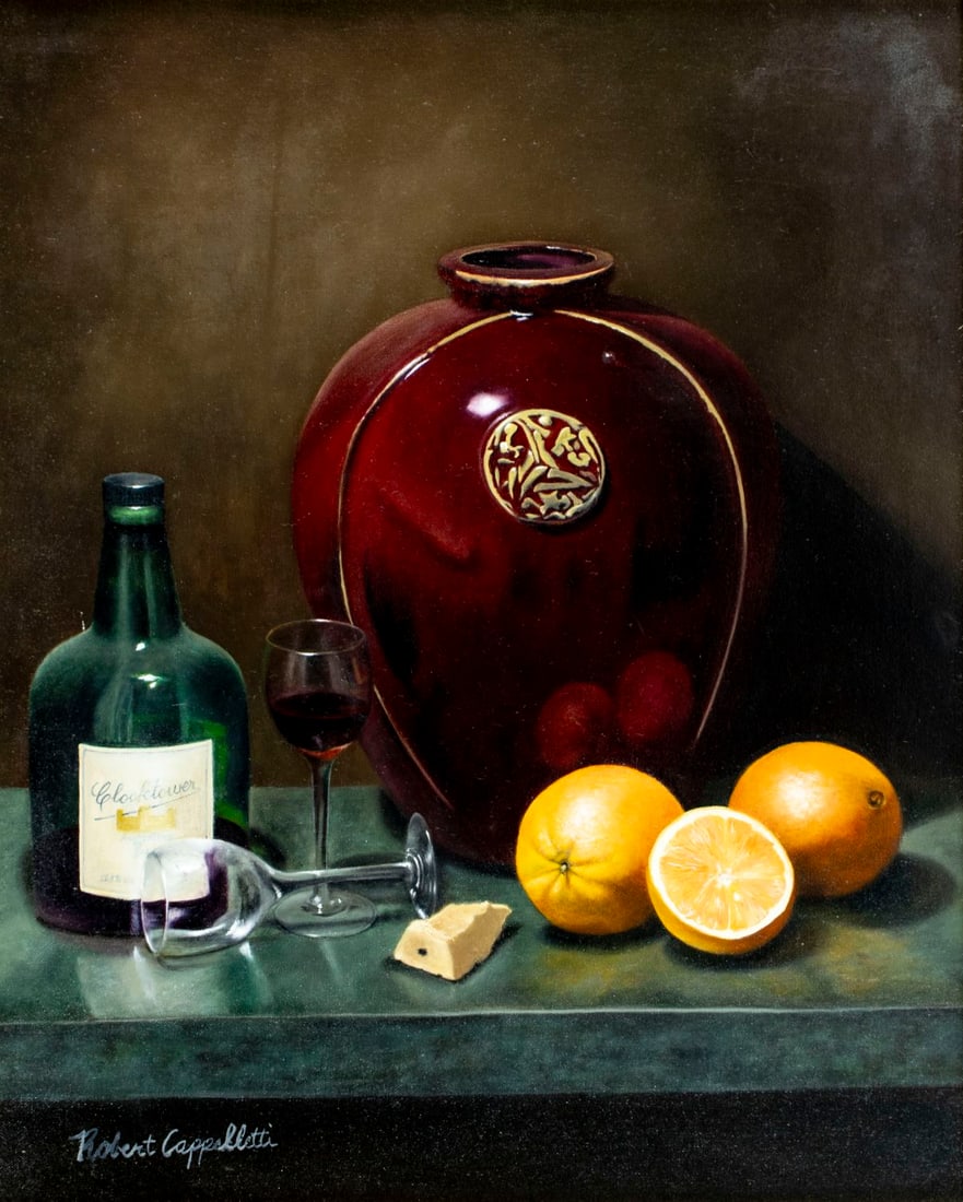 Robert Cappelletti (MD,20/21C) oil painting: ARTIST: Robert Cappelletti (Maryland, 20/21 centuries) TITLE: Still Life - After Dinner (titled on verso) YEAR: 2003 MEDIUM: oil on canvas board CONDITION: