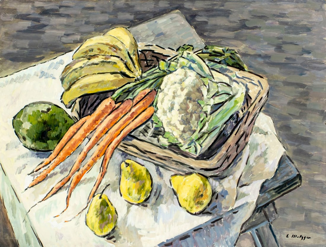 Evelyn Metzger (NY,Brazil,1911-2007) oil painting: ARTIST: Evelyn Borchard Metzger (New York, Brazilian, 1911 - 2007) TITLE: Still Life with Fruit and Vegatables MEDIUM: oil on board CONDITION: Some small damages to the up