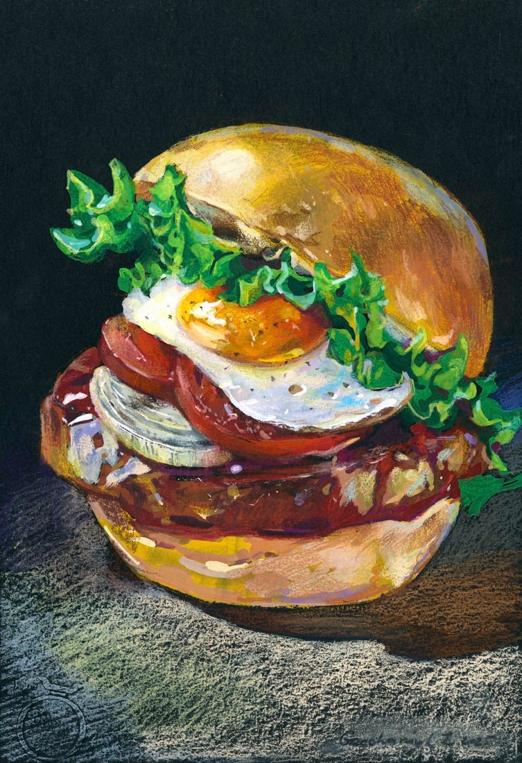 Zoya Grechanyuk (Ukraine,b 1977) pastel painting: ARTIST: Zoya Grechanyuk (Ukrainian, born 1977) TITLE: Still Life with Burger MEDIUM: pastel on heavy paper CONDITION: Very good. ART SIZE: 12 x 8 inches