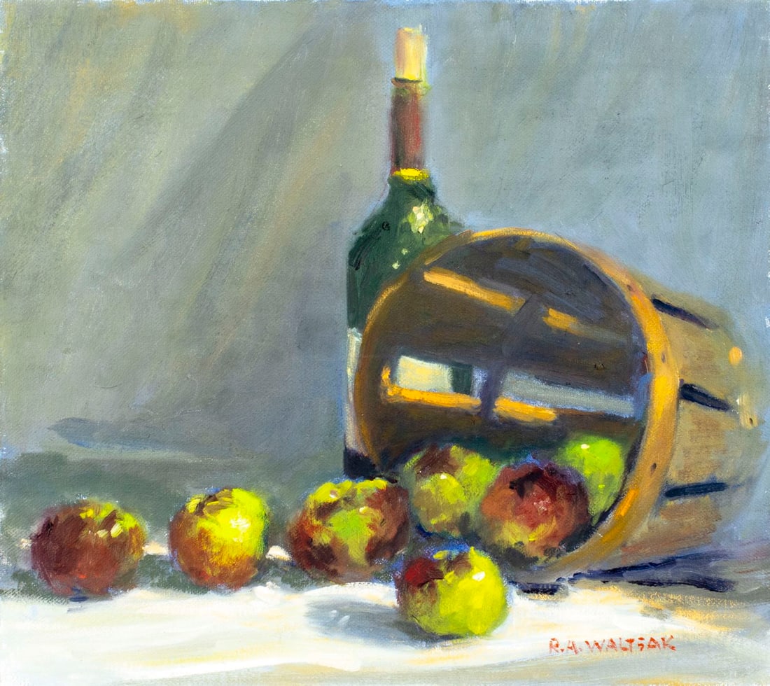 Robert Waltsak (NJ,b 1944) oil painting: ARTIST: Robert Alan Waltsak (New Jersey, born 1944) TITLE: Still Life with Basket of Apples MEDIUM: oil on canvas CONDITION: Very good. No visible inpaint under UV light.