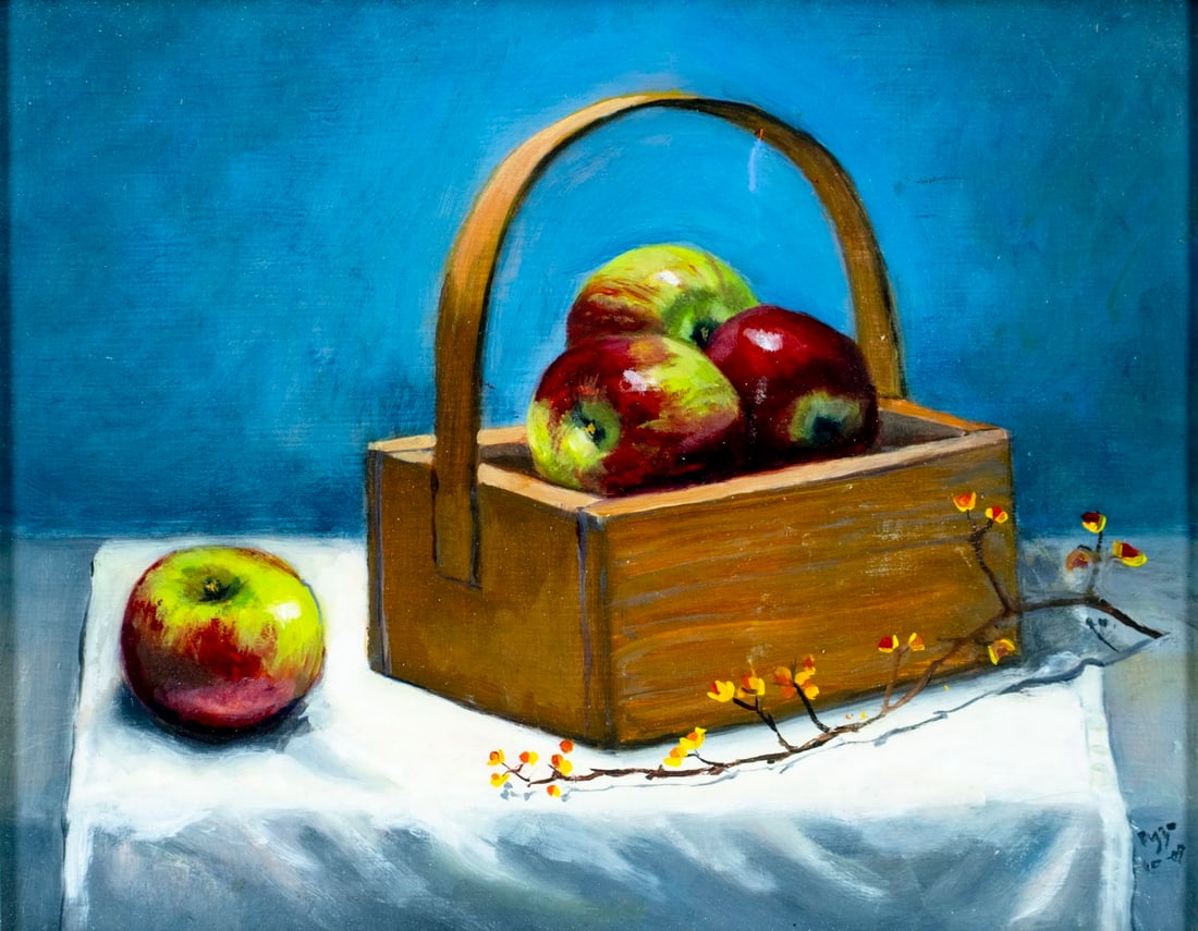 Contemporary 20/21C American oil painting signed: ARTIST: - (American, 20/21 centuries) TITLE: Still Life with Apple Basket MEDIUM: oil on board CONDITION: Few scratches. One minor inpainting by the upper edge. Wear to fr
