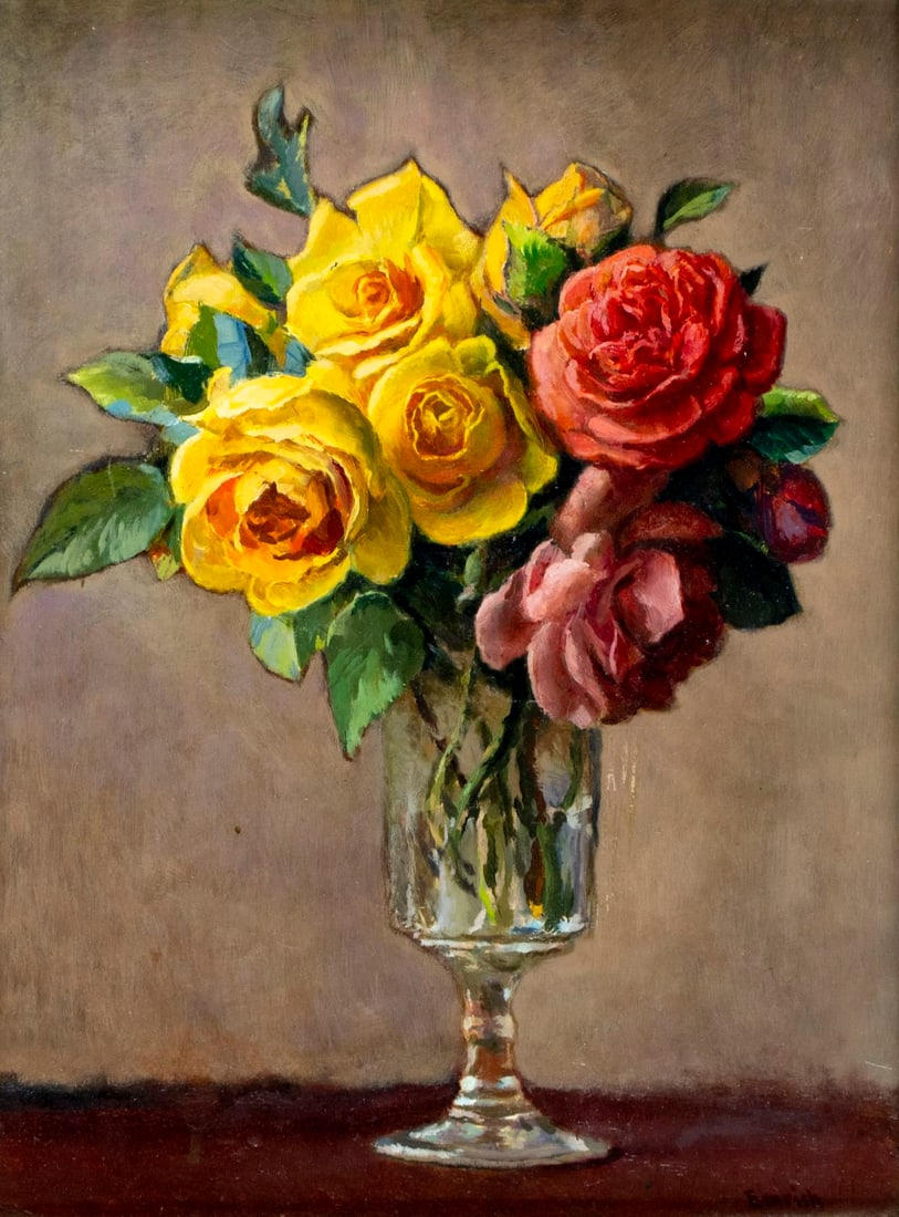 Harvey Emrich (NY,IN,1884-1972) oil painting: ARTIST: Harvey Emrich (New York, Indianna, 1884 - 1972) TITLE: Still Life with Vase of Roses MEDIUM: oil on board CONDITION: Some small scratches mostly in the lower right