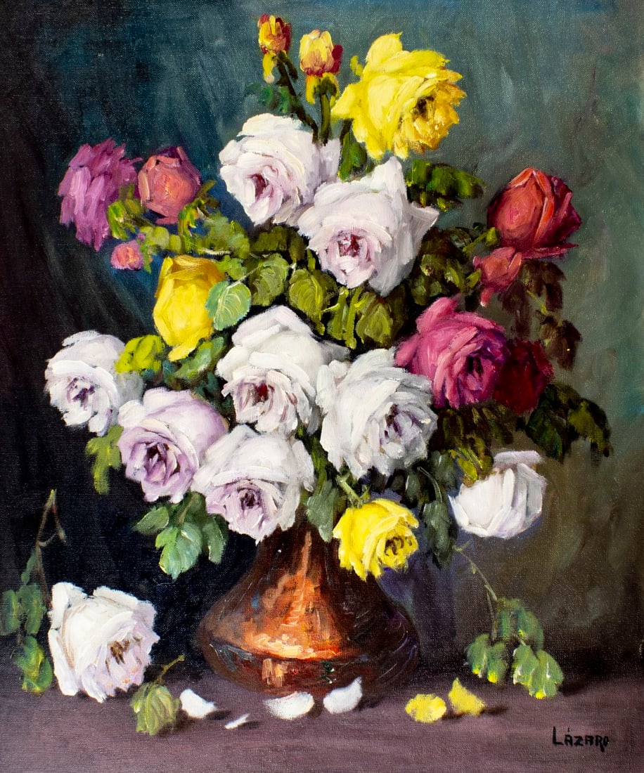 V Lazaro (Spain,1929-?) oil painting: ARTIST: V Lazaro (Spanish, 1929 - ???) TITLE: Still Life with Vase of Roses MEDIUM: oil on canvas CONDITION: Unstretched (In-House stretching available). Few minor paint los