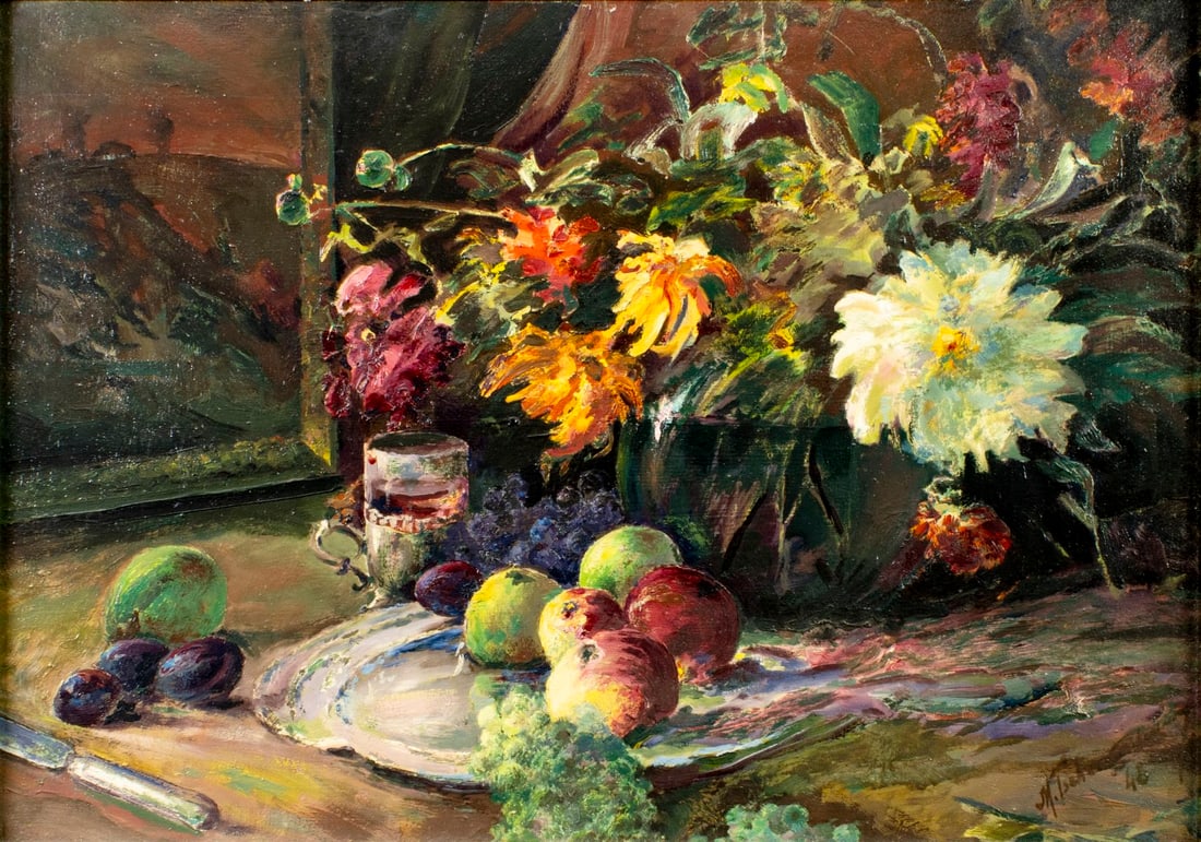 Vintage mid 20C European oil painting signed: ARTIST: - (Europe, mid 20 century) TITLE: Still Life with Fruit and Flowers YEAR: 1948 MEDIUM: oil on board CONDITION: Few minor scratches/paint losses