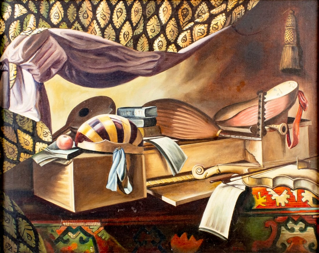 Glacier (Europe,20C) oil painting: ARTIST: Glacier (European, 20 century) TITLE: Still Life with Musical Instruments MEDIUM: oil on canvas CONDITION: Some small scratches/paint losses. Minor craquelure. No vi