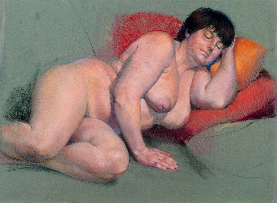 Karl Foster (PA,b 1933) pastel painting: ARTIST: Karl Foster (Pennsylvania, born 1933) TITLE: Sleeping Nude MEDIUM: pastel on heavy paper CONDITION: One tear to right edge 1" long. Few small damages to lower edge.<