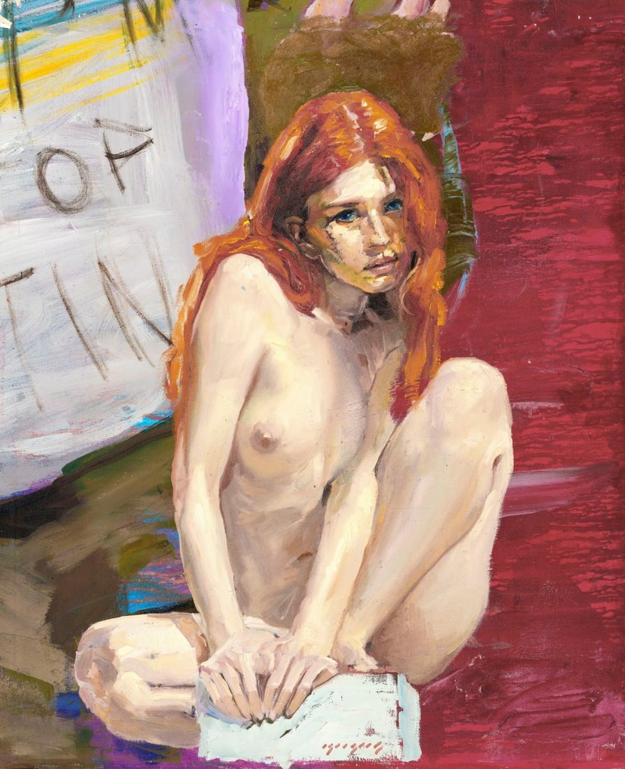 Igor Grey (Ukraine,b 1975) oil painting: ARTIST: Igor Grey (Ukrainian, born 1975) TITLE: Seated Nude - Crimson (titled on verso) MEDIUM: oil on canvas CONDITION: Very good. No visible inpaint under UV light.