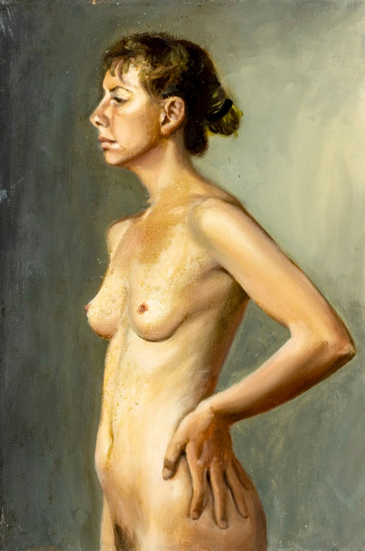 Vintage 20C American oil painting: ARTIST: - (American, 20 century) TITLE: Nude MEDIUM: oil on canvas CONDITION: Few small paint losses. No visible inpaint under UV light. Normal wear to edges. A