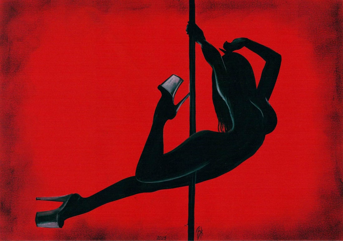 Kateryna Vitrenko (Ukraine,b 2003) acrylic painting: ARTIST: Kateryna Vitrenko (Ukraine, born 2003) TITLE: Nude on the Pole MEDIUM: acrylic on heavy paper CONDITION: Very good. No visible inpaint under UV light. ART