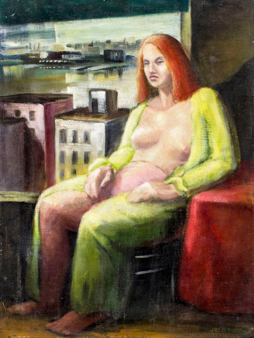 Jane McAllister Dart (MI,OH,1913-2008) oil painting: ARTIST: Jane McAllister Dart (Michigan, Ohio, 1913 - 2008) NAME: Nude Woman by the Window MEDIUM: oil on canvas CONDITION: Few minor paint losses. Canvas has indentation in lower left corner