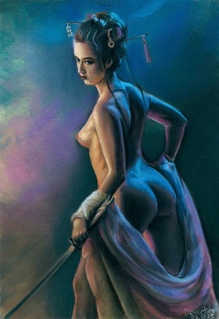 Oleksandr Demichev (Ukraine,20/21C) pastel painting: ARTIST: Oleksandr Demichev (Ukrainian, 20/21 centuries) TITLE: Japanese Nude with Catana MEDIUM: pastel on heavy paper CONDITION: Minor paint losses. ART SIZE:
