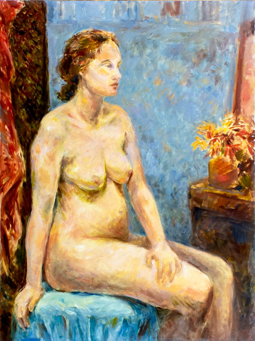 M E Schleier (US,20/21C) oil painting: ARTIST: M E Schleier (American, 20/21 centuries) TITLE: Seated Nude MEDIUM: oil on canvas CONDITION: Overall good. No visible inpaint under UV light. ART SIZE:</