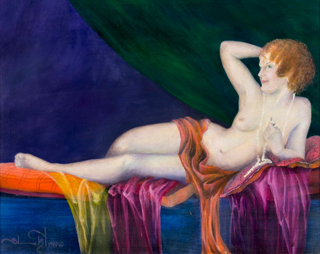S Lehut (US,20C) oil painting: ARTIST: S Lehut (American, 20 century) NAME: Reclining Nude with Necklace YEAR: 1987 MEDIUM: oil on canvas CONDITION: Very good. No visible inpaint under UV light. SIG