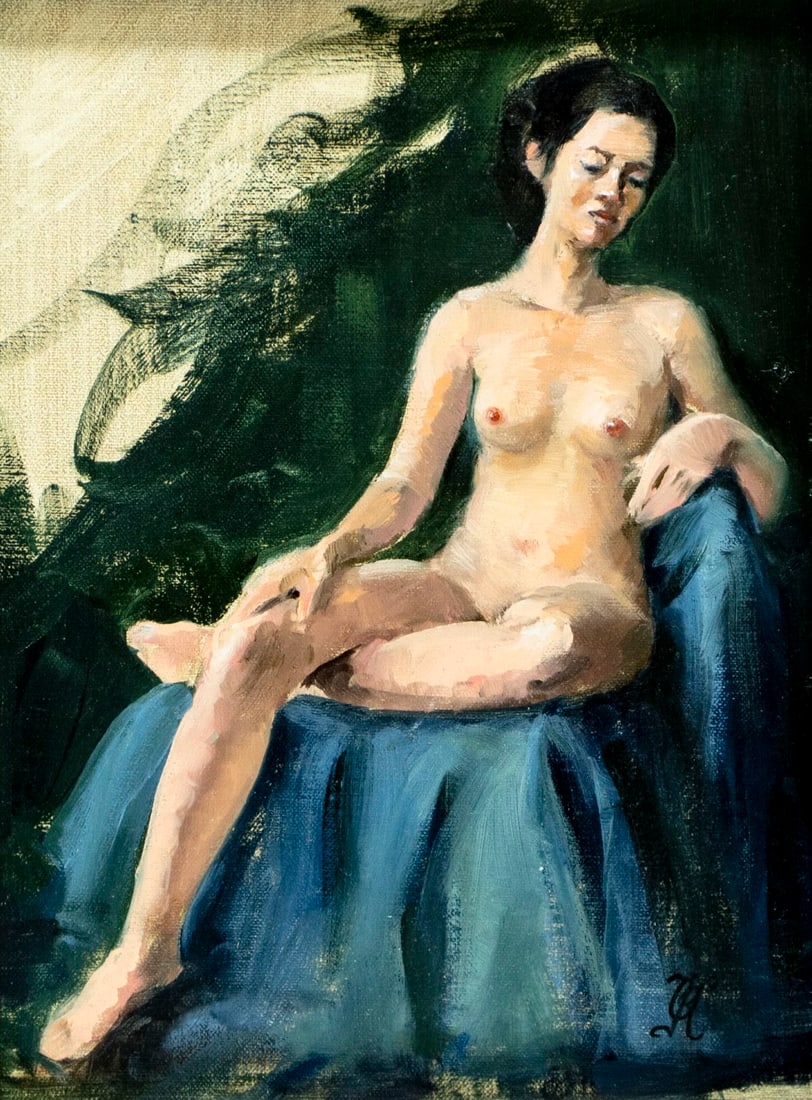 Olga Karpeisky (Russia,CO,20/21C) oil painting: ARTIST: Olga Karpeisky (Russian, Colorado, 20/21 centuries) TITLE: Seated Nude MEDIUM: oil on canvas. Canvas applied to board. CONDITION: Very good. No visible inpaint under