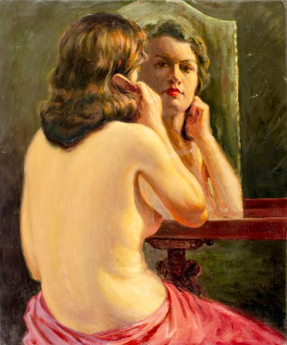 Vintage mid 20C American oil painting: ARTIST: - (American, mid 20 century) TITLE: Nude with Mirror MEDIUM: oil on canvas CONDITION: Few small scratches/paint losses mostly along edges. Some craquelure. No visi