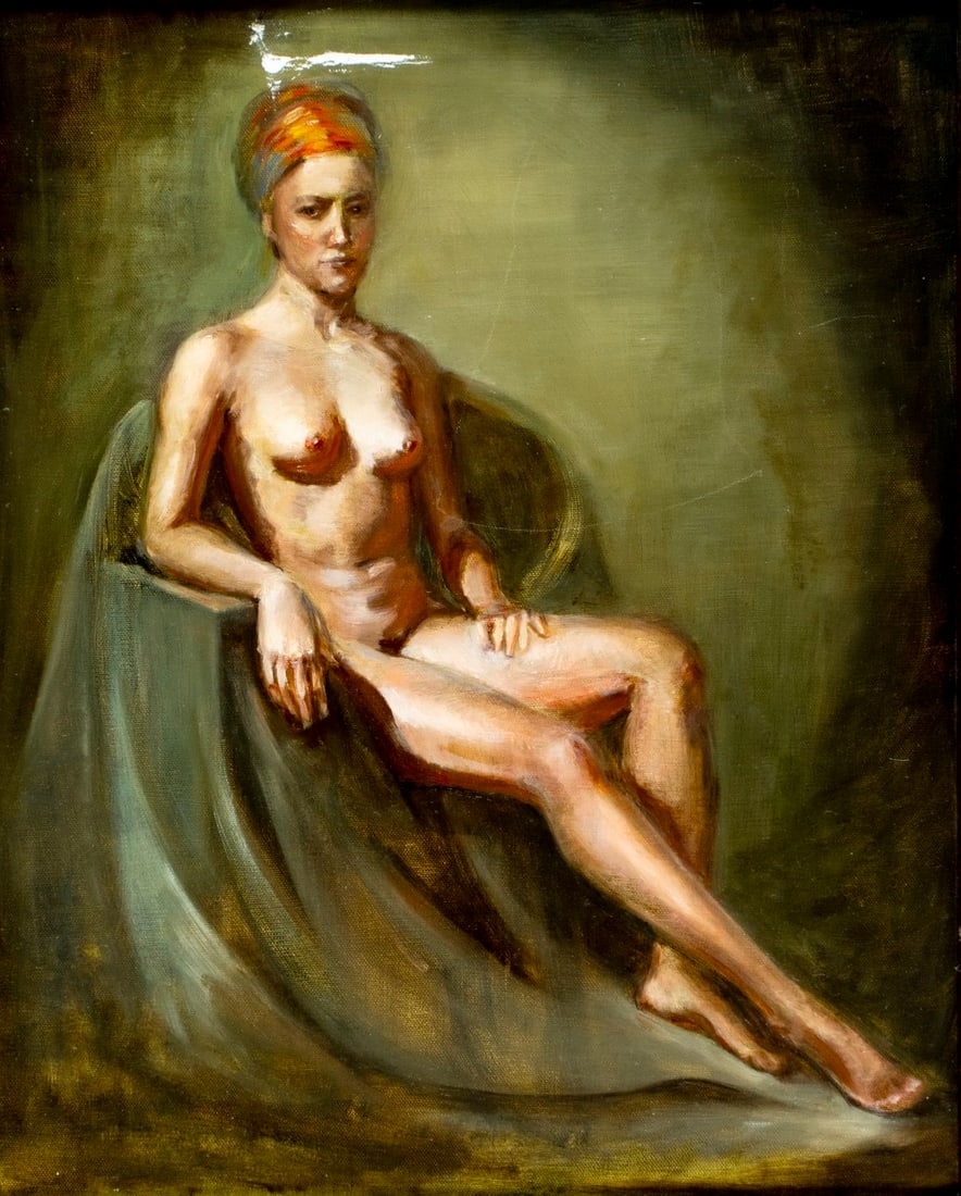 Olga Karpeisky (Russia,CO,20/21C) oil painting: ARTIST: Olga Karpeisky (Russian, Colorado, 20/21 centuries) TITLE: Seated Nude - Margarita (titled on verso) MEDIUM: oil on canvas CONDITION: Some scratches/paint losses (mo