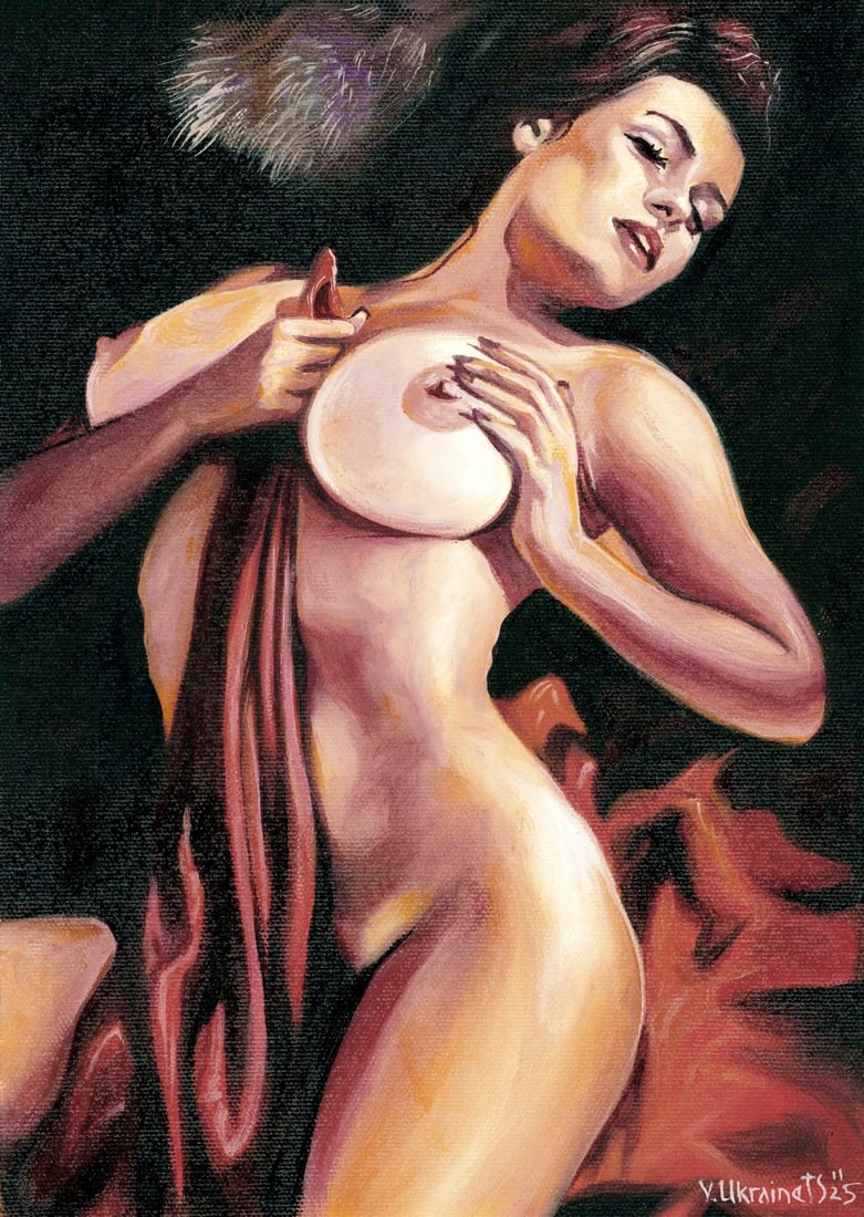 Valentin Ukrainets (Ukraine,b 1965) oil painting: ARTIST: Valentin Ukrainets (Ukrainian, born 1965) TITLE: Nude - Red and Black (titled on verso) MEDIUM: oil on canvas CONDITION: Very good. No visible inpaint under UV light