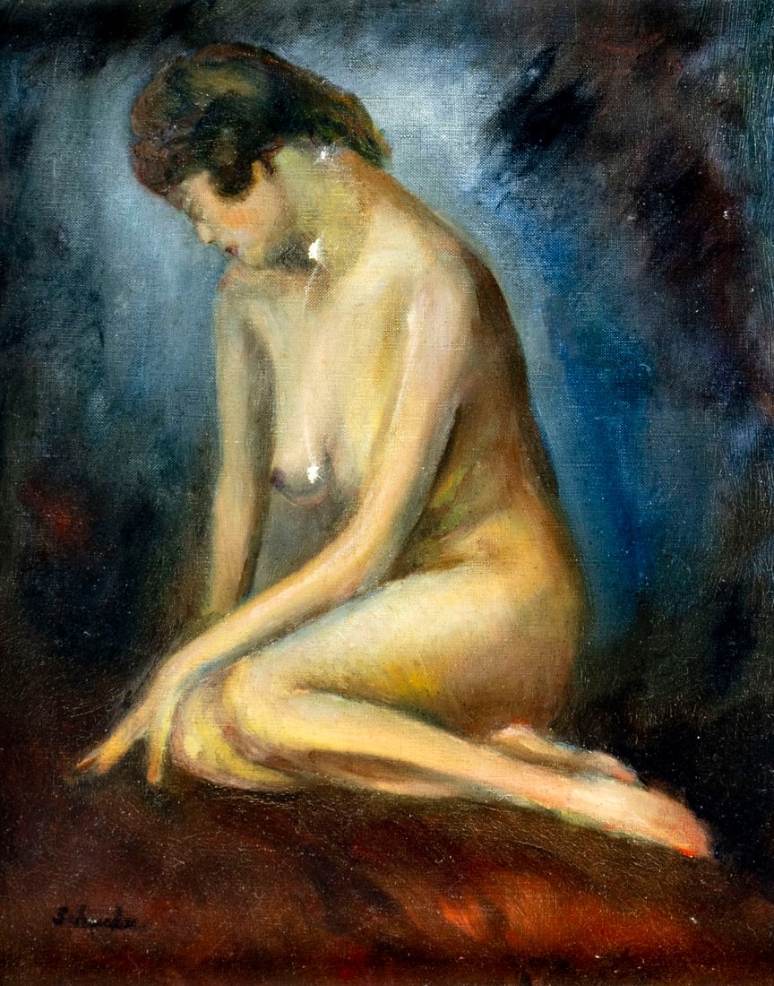 Antique early 20C American oil painting signed: ARTIST: - (American, early 20 century) TITLE: Seated Nude MEDIUM: oil on canvas CONDITION: One small patch. Few small paint losses. Minor craquelure. Some scattered inpain