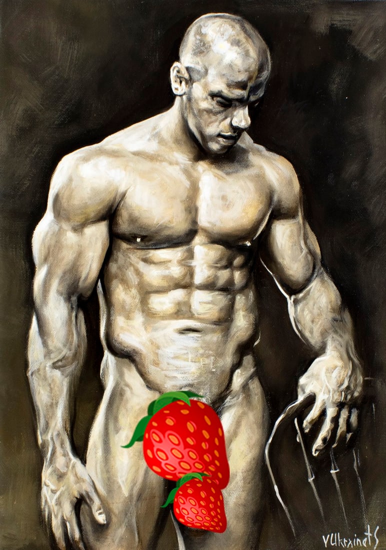 Valentin Ukrainets (Ukraine,b 1965) oil painting: ARTIST: Valentin Ukrainets (Ukrainian, born 1965) TITLE: Male Nude - Magical Man (titled on verso) MEDIUM: oil on canvas CONDITION: Unstretched (In-House stretching availabl