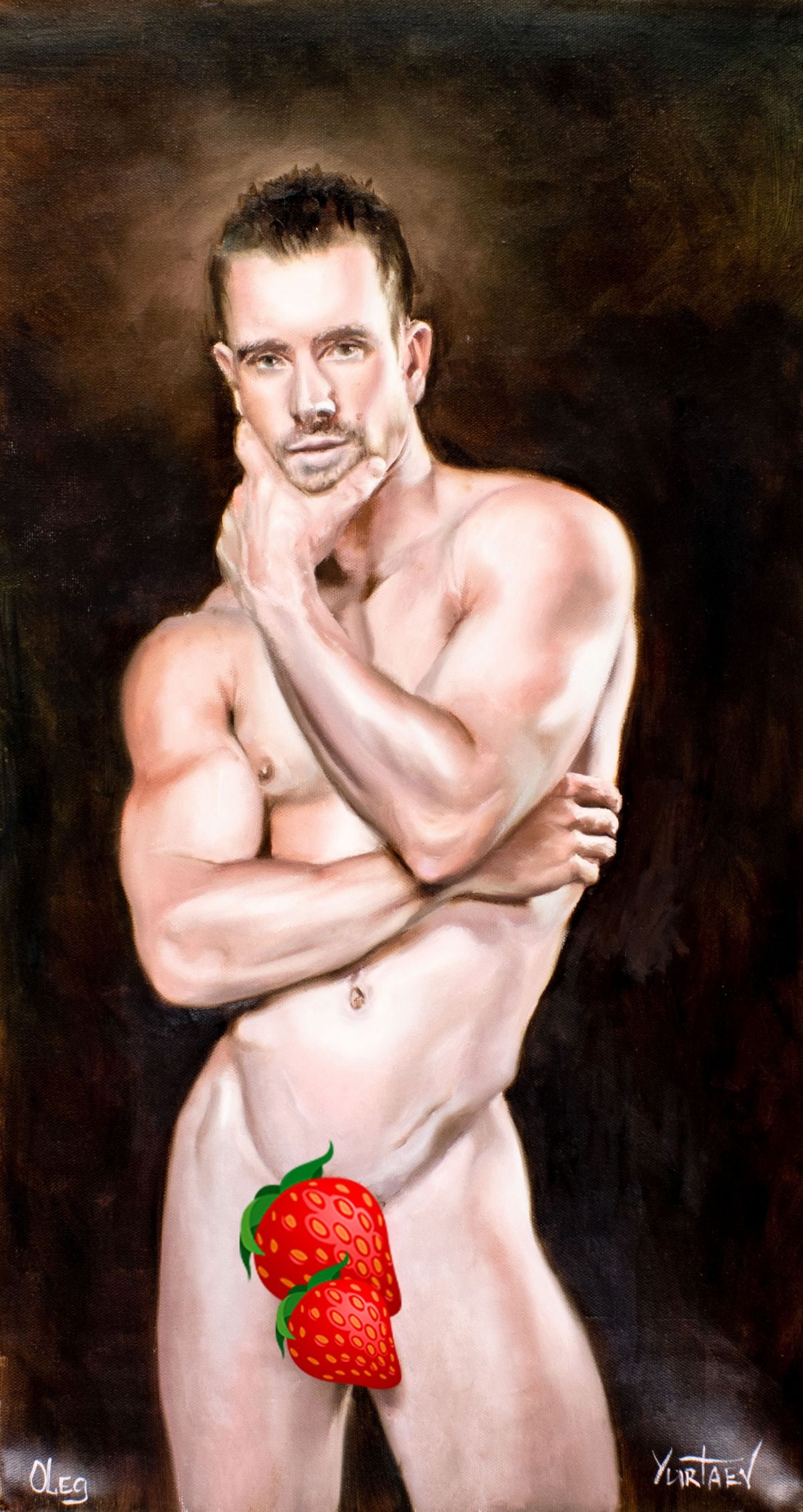 Oleg Yurtaev (Russia,b 1981) oil painting: ARTIST: Oleg Yurtaev (Russian, born 1981) TITLE: Male Nude - Thinker (titled on verso) MEDIUM: oil on canvas CONDITION: Unstretched (In-House stretching available). Very goo