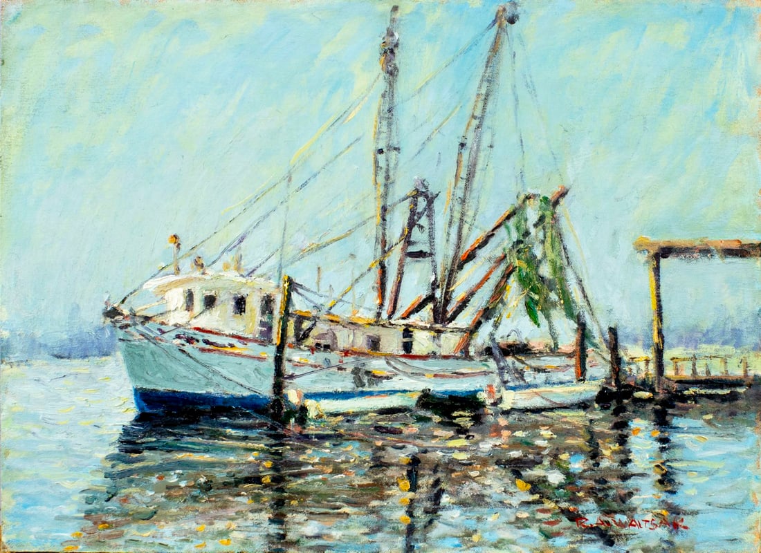 Robert Waltsak (NJ,b 1944) oil painting: ARTIST: Robert Alan Waltsak (New Jersey, born 1944) TITLE: Harbor Scene with Fishing Boat MEDIUM: oil on canvas board CONDITION: Very good. No visible inpaint under UV light