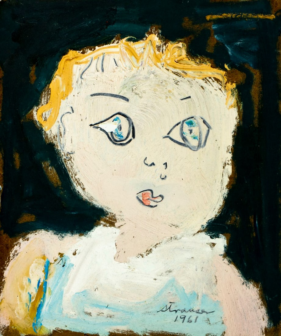Sterling Strauser (PA,1907-1995) oil painting: ARTIST: Sterling Boyd Strauser (Pennsylvania, 1907 - 1995) TITLE: Portrait of Child YEAR: 1961 MEDIUM: oil on board CONDITION: Minor damages to the lef