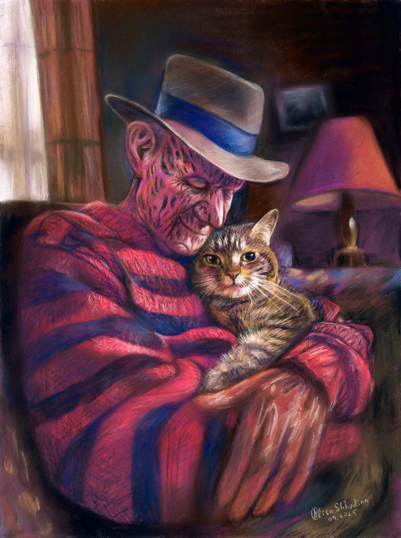 Alisa Shkodina (Ukraine,b 1992) pastel painting: ARTIST: Alisa Shkodina (Ukrainian, born 1992) TITLE: Man with Cat MEDIUM: pastel on heavy paper CONDITION: Minor damage to the upper left corner. ART SIZE: