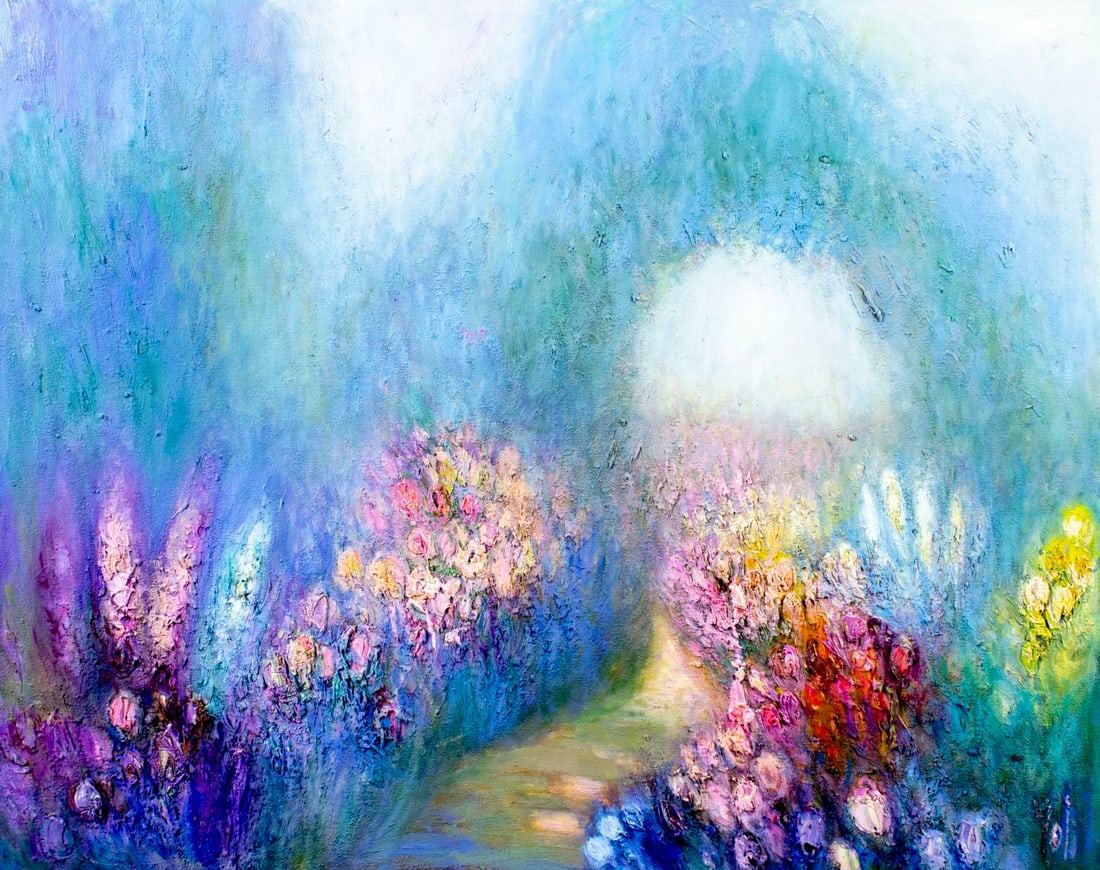 Yolanda Razzeto (Peru,1948-?) oil painting: ARTIST: Yolanda Razzeto (Peruvian, 1948 - ???) TITLE: Flower Garden Landscape MEDIUM: oil on canvas CONDITION: Unstretched (In-House stretching available). Missing a few f