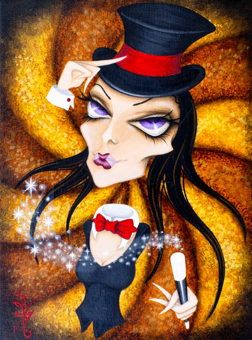 Natalie VonRaven (Canada,20/21C) acrylic painting: ARTIST: Natalie VonRaven (Canadian, 20/21 centuries) TITLE: Ring Master (titled on verso) YEAR: 2014 MEDIUM: acrylic on canvas board CONDITION: Very good