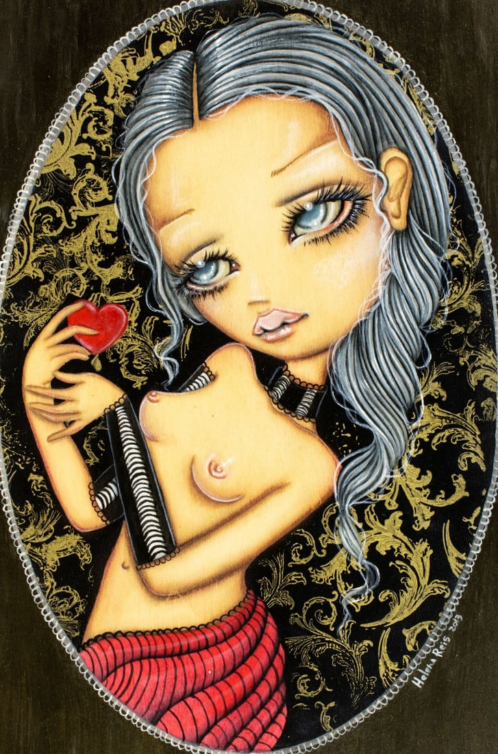 Helena Reis (Portugal,20/21C) acrylic painting: ARTIST: Helena Reis (Portuguese, 20/21 centuries) TITLE: I Gave Him My Heart YEAR: 2013 MEDIUM: acrylic on board CONDITION: Very good. No visible inpaint