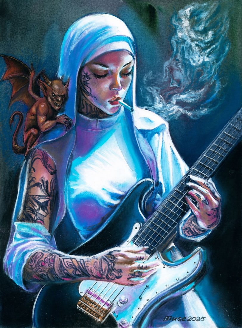 Olga Dolgikova (Ukraine,b 1967) pastel painting: ARTIST: Olga Dolgikova (Ukrainian, born 1967) TITLE: Nun Playing Guitar MEDIUM: pastel on heavy paper CONDITION: Few minor scratches/paint losses. ART SIZE: