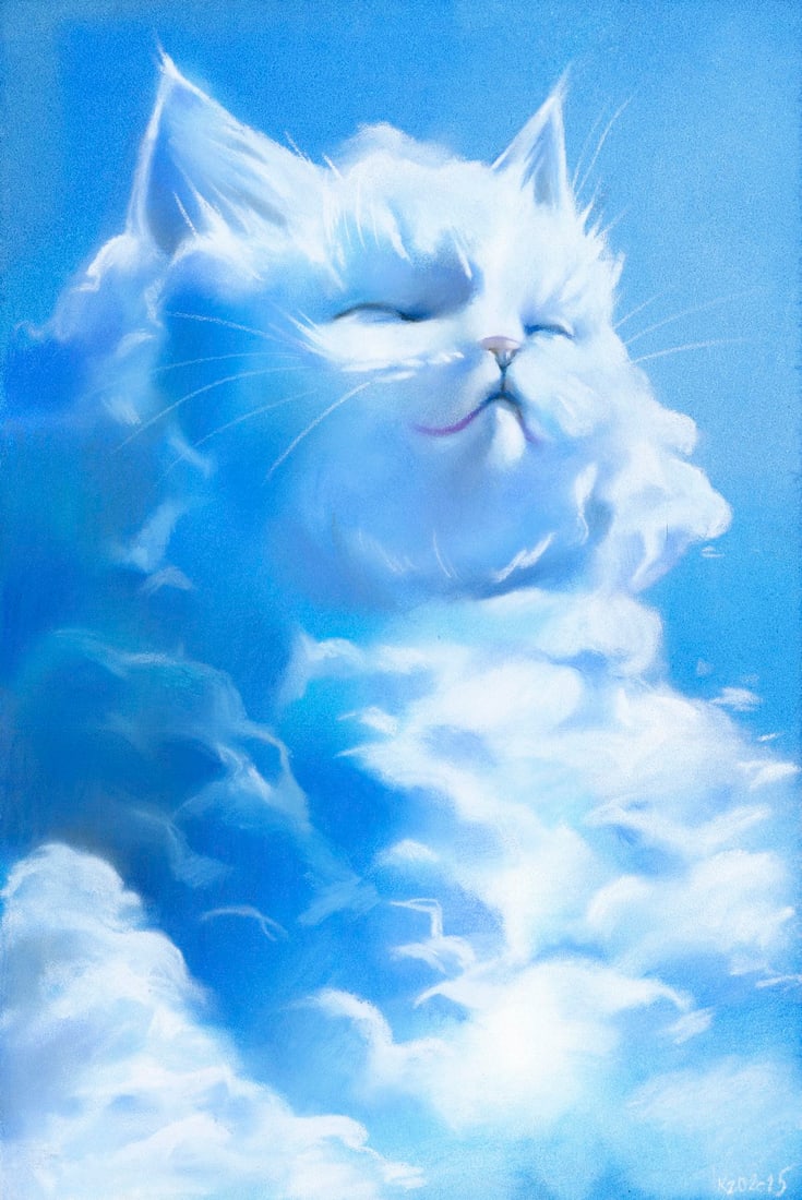 Olga Kuznezova (Ukraine,b 2000) pastel painting: ARTIST: Olga Kuznezova (Ukrainian, born 2000) TITLE: Cat Cloud MEDIUM: pastel on heavy paper CONDITION: Very good. ART SIZE: 12 x 8 inches / 30 x 20 cm