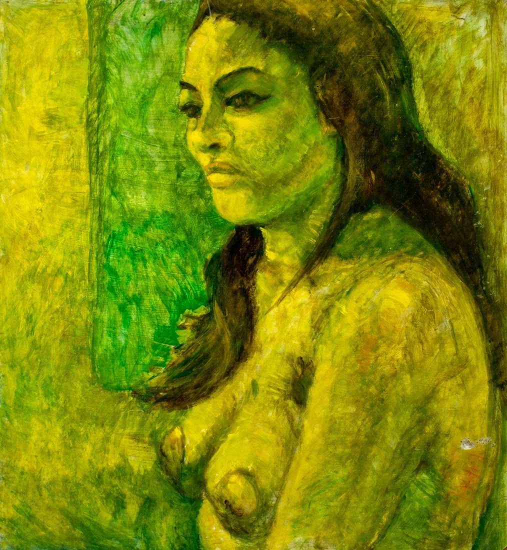 Thelma Thal (NY,1903-2001) oil painting: ARTIST: Thelma Thal (New York, 1903 - 2001) TITLE: Nude MEDIUM: oil on board CONDITION: Some damages to corners. Few scratches/paint losses mostly along the right edge. No