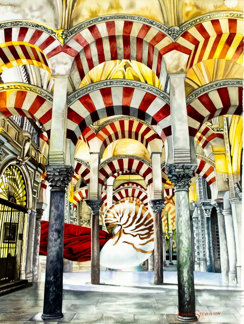 Graeme Stevenson (Australia,US,b 1958) watercolor painting: ARTIST: Graeme Stevenson (Australian, American, born 1958) TITLE: Logic Stand Alone (titled on COA) MEDIUM: watercolor on paper CONDITION: Overall good. Framed under glass.