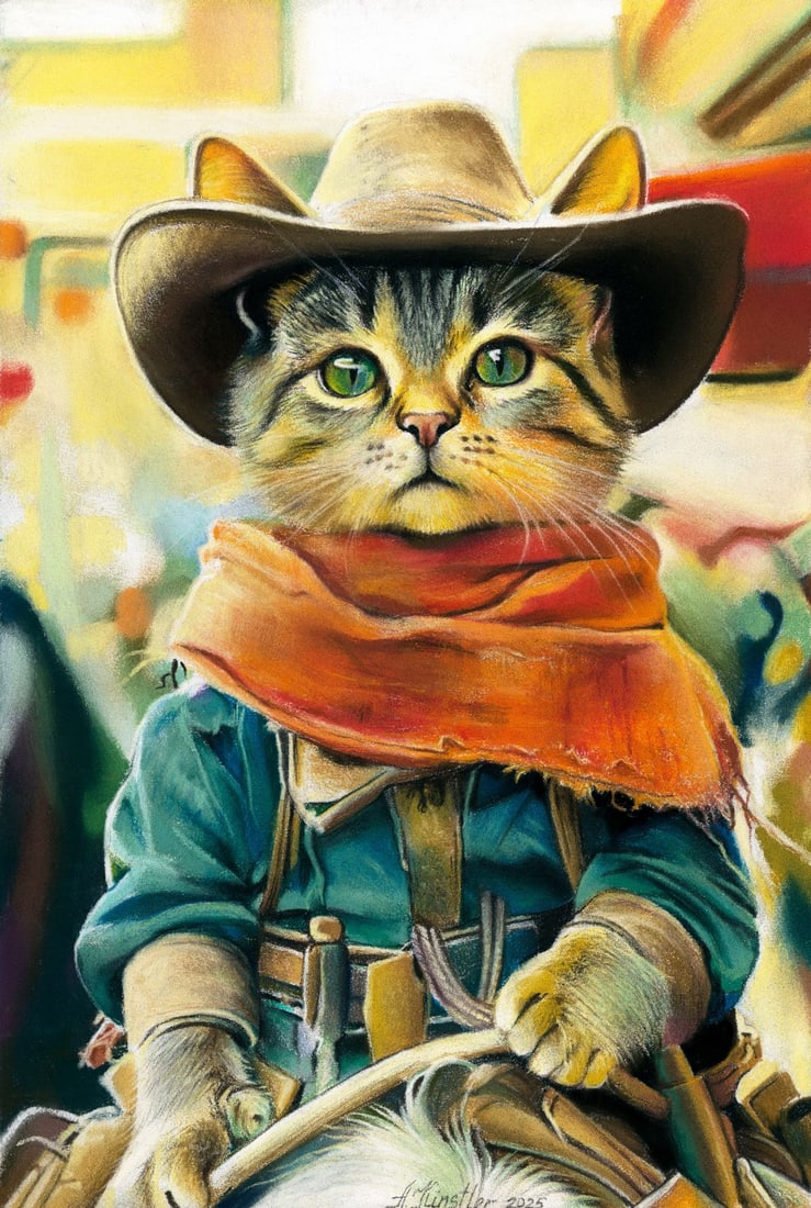 Anna Kintsler (Ukraine,b 2001) pastel painting: ARTIST: Anna Kintsler (Ukrainian, born 2001) TITLE: Cowboy Cat MEDIUM: pastel on heavy paper CONDITION: Very good. ART SIZE: 12 x 8 inches / 30 x 20 cm