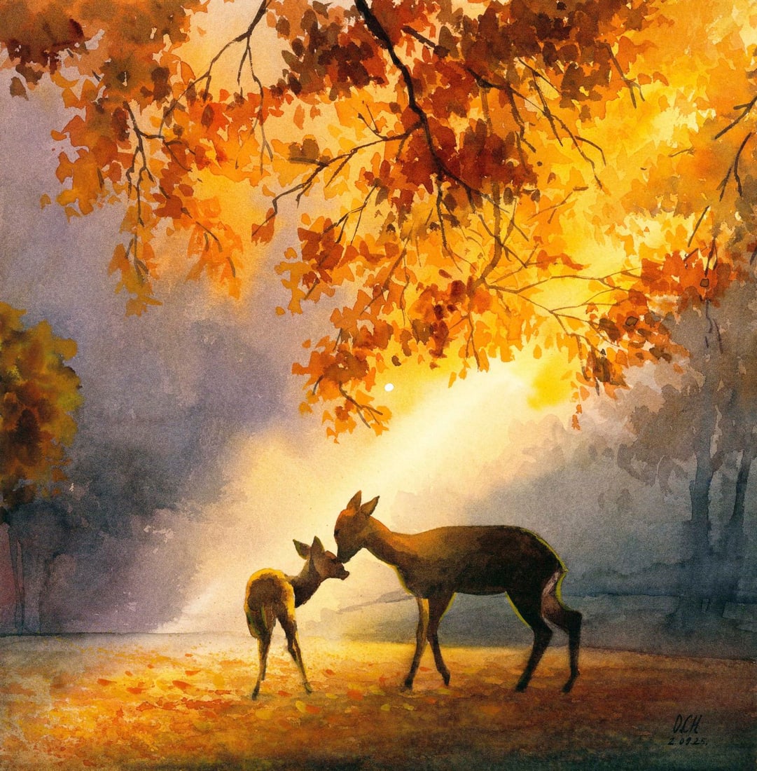 Oksana Chernachuk (Ukraine,b 1989) watercolor painting: ARTIST: Oksana Chernachuk (Ukrainian, born 1989) TITLE: Autumn Landscape with Deer MEDIUM: watercolor on heavy paper CONDITION: Very good. ART SIZE: 12 x